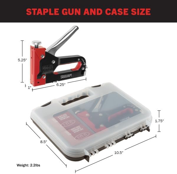 Heavy Duty Staple Gun for Wood Carpentry, DIY Crafts, or Furniture Upholstery Stapler with Staples - 3-Way Heavy Duty Stapler Gun with Carrying Case and 3 Types of Staples Included by Stalwart (Red)
