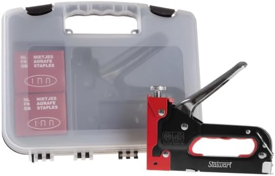 Heavy Duty Staple Gun for Wood Carpentry, DIY Crafts, or Furniture Upholstery Stapler with Staples - 3-Way Heavy Duty Stapler Gun with Carrying Case and 3 Types of Staples Included by Stalwart (Red)