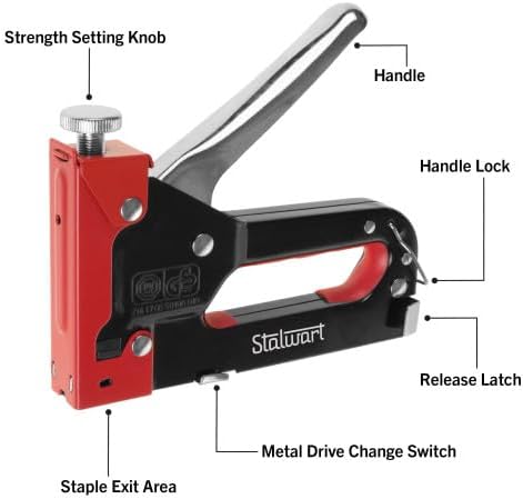 Heavy Duty Staple Gun for Wood Carpentry, DIY Crafts, or Furniture Upholstery Stapler with Staples - 3-Way Heavy Duty Stapler Gun with Carrying Case and 3 Types of Staples Included by Stalwart (Red)