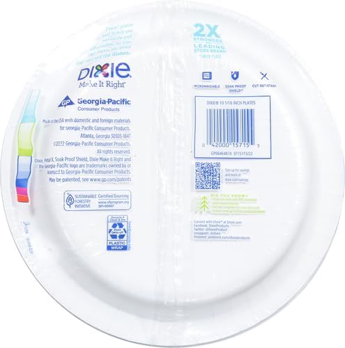 Dixie Large Paper Plates, 10 Inch, 2X Stronger*, Microwave-Safe, Soak-Proof, Cut Resistant, Disposable Plates for Everyday Breakfast, Lunch, & Dinner Meals, 54 Count (Pack of 2)