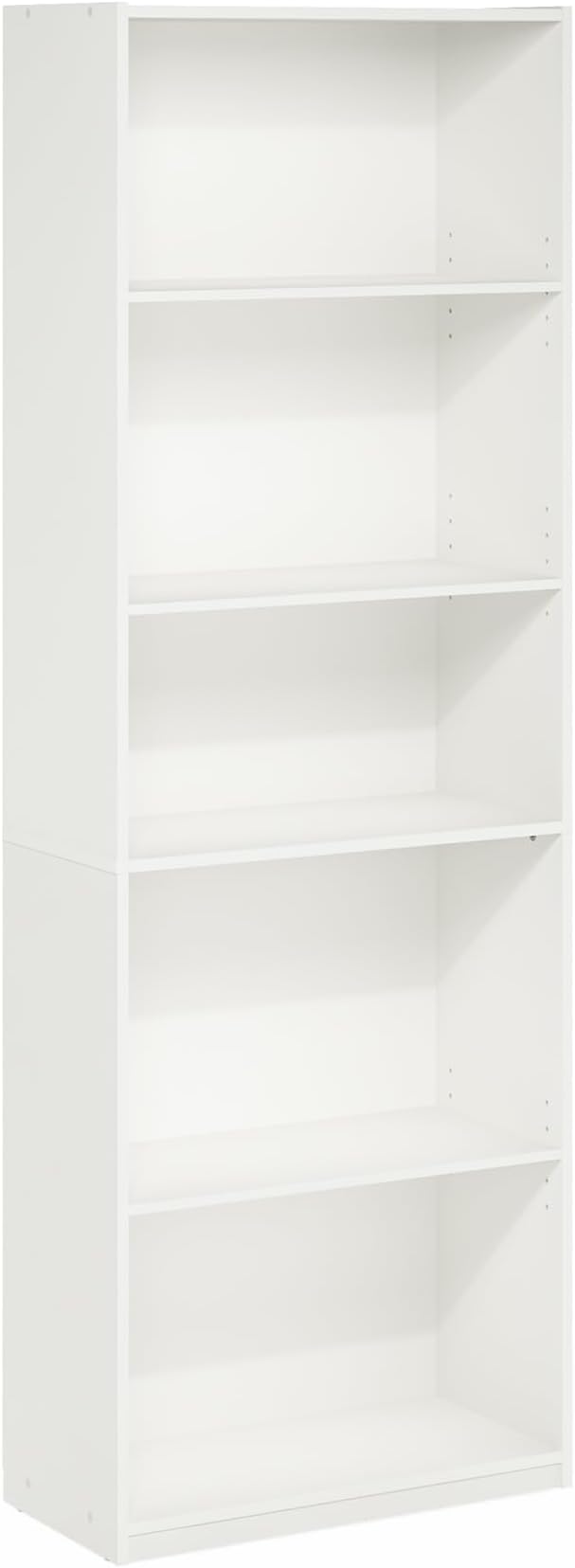 Furinno GEHRY Book Shelf, 5-Tier Bookshelf, Bookcase with Adjustable Shelves, 11.6 x 24.8 x 71.4, for Living Room, Bedroom, Home Office, White