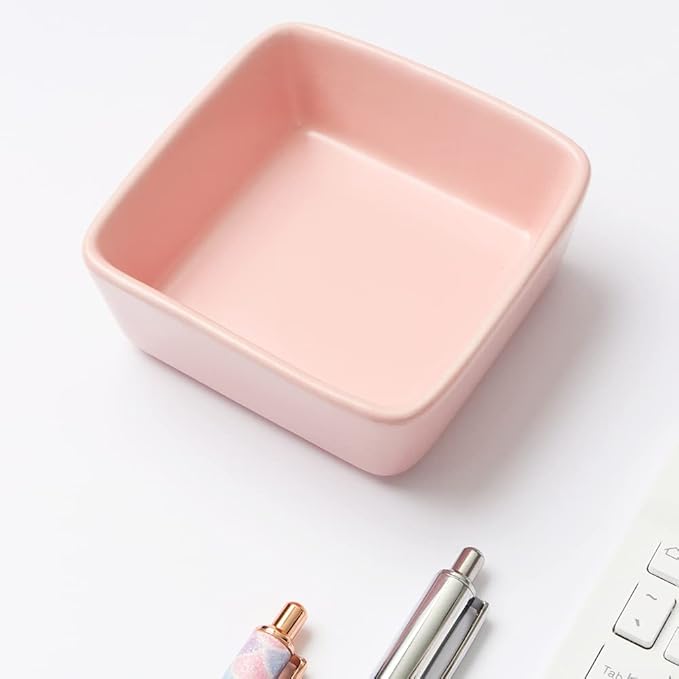 2pcs Ceramic Paper Clip Holder Set Round and Square Paper Clips Dispenser Kit Cute Pink Bowl and Plate for Desk Organizer Accessories and Home School Office Supplies (Pink)