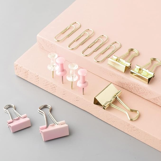 Paper Binder and Clips Set, Metal Assorted Sized Binders with Push Pins, Cute Office Supplies, Teacher Desk Must Haves, Cute Desk Accessories