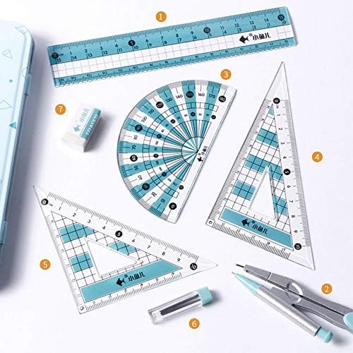 LABANCA 7 Pcs Compass Set with Protractor Rulers Drafting Tools Kit for Math Geometry (Y-Blue)
