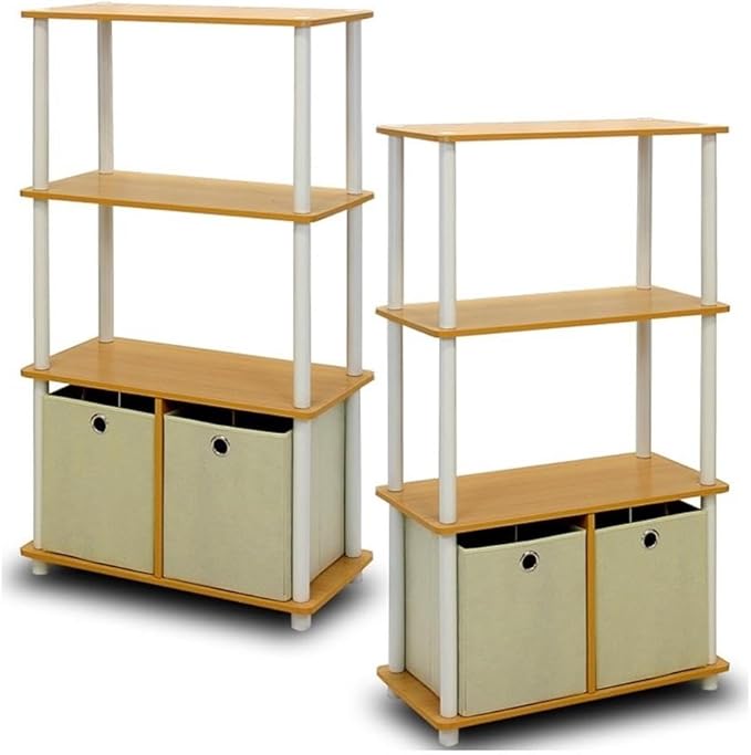 Furinno Go Green 4-Tier Multipurpose Storage Rack Shelving Unit with Bins (Set of 2), Beech