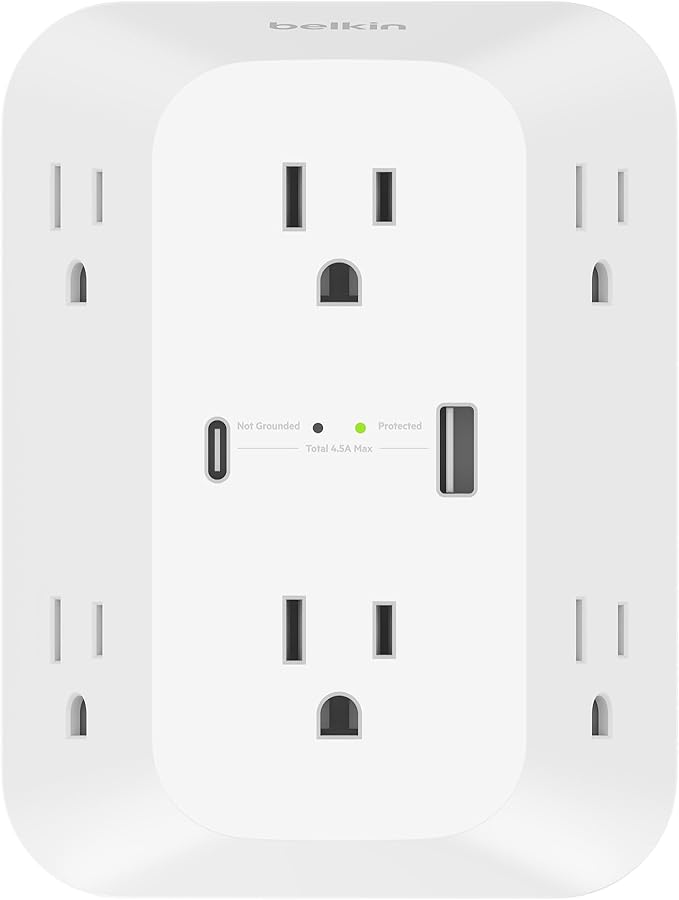 Belkin 6-Outlet Surge Protector Power Strip, ETL-listed, Wall-Mountable w/ 6 AC Outlets, Overvoltage Protection, LED Indicator, USB-C & USB-A Ports w/ USB-C PD Fast Charge - 1,680 Joules of Protection
