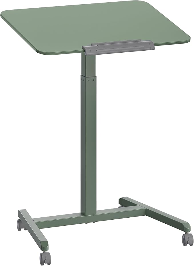 Seville Classics Airlift Height Adjustable Pneumatic Laptop Sit Stand Desk Mobile Rolling Cart, Computer Workstation for Home Office, Classroom, Sage Green, 25.6" Tilting Desktop