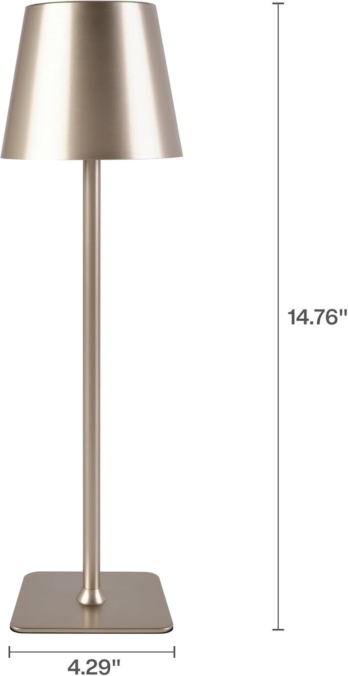 Mikasa 14.8-Inch Champagne Rechargeable LED Desk Lamp with Touch Control - 5000mAh Battery, 3 Light Colors, Stepless Dimming, 54 LED Lights, Iron Construction, USB-C Charging