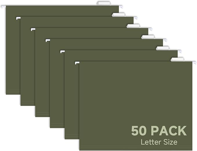 50pcs Green Hanging File Folders,Filing Cabinet, Letter Size with 1/5-Cut Adjustable Tab Durable, 50 pcs Per Box