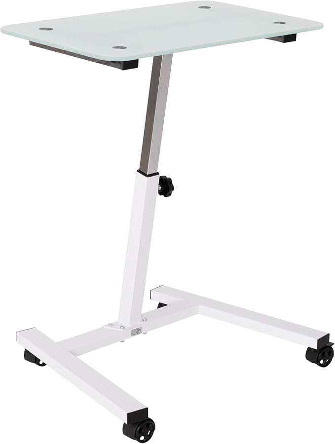 Seville Classics Airlift Mobile Height Adjustable Laptop Stand Computer Workstation for Sitting Ergonomic Desk Cart Table w/Wheels, Tempered Glass (24"), White