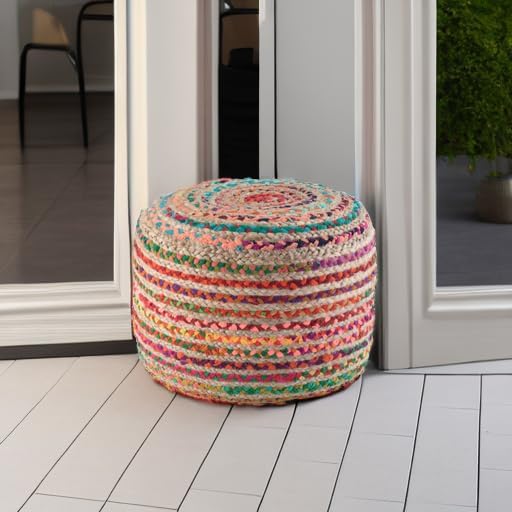SIMPLIHOME Margo Round Pouf - 20 inch Wide Handwoven Jute and Cotton Braided Ottoman in Multi-Color, Boho-Style Footstool or Extra Seating for Living Room with Polystyrene Bead Filling, Assembled