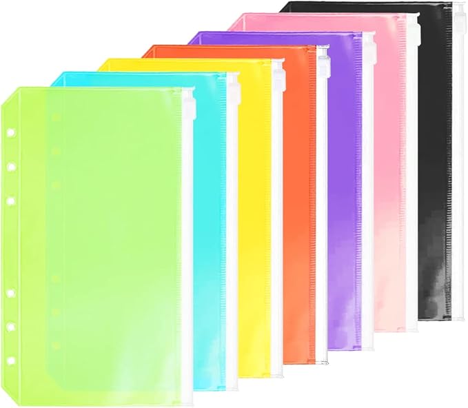 7 Pack A6 6 Holes Binder Pockets Plastic Binder Zipper Folders Waterproof 6 Holes Zipper Loose Leaf Bags Zip Lock Envelope for Documents Notebooks Cards (7 Color Zip Pocket, A6)