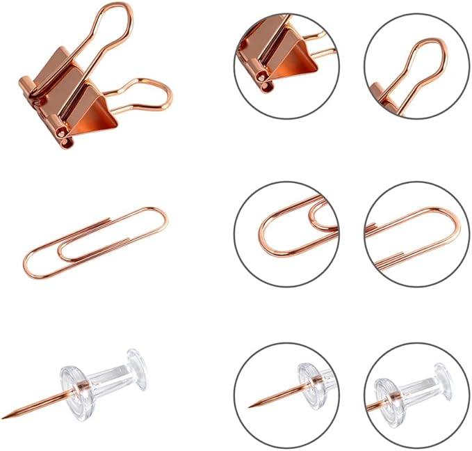Cute Office Supplies Rose Gold, Paper Clips, Binder Clips and Push Pins Set, Paper Organizer Clips with Storage Box