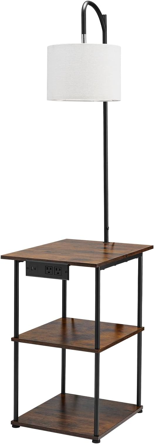 VEVOR Floor Lamp with Table, Narrow 3-Tier End Table with Open Shelves & 3 Color Temperature Lighting, Side Nightstand Bedside Desk with USB & Type C & AC Charging Port for Living Room, Bedroom, Dorm