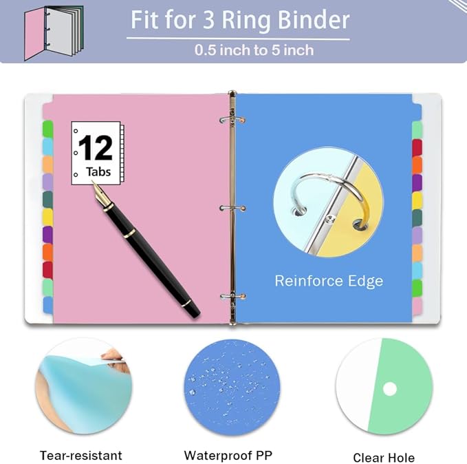 Binder Dividers with Tabs,Monthly Dividers for 3 Ring Binder,12 TABS,Customizable Table of Contents,Multicolor,1 Sets