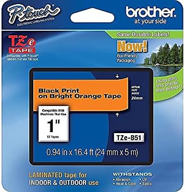 Brother Genuine P-touch TZE-B51 Tape, 1" (0.94") Wide Standard Laminated Tape, Black on Fluorescent Orange, Laminated for Indoor or Outdoor Use, Water-Resistant, 0.94" x 16.4' (24mm x 5M), TZEB51
