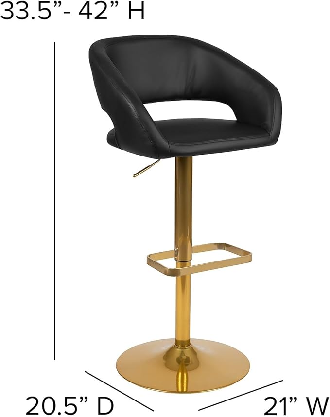 Flash Furniture Erik Comfortable & Stylish Contemporary Barstool with Rounded Mid-Back and Foot Rest, Adjustable Height - Black Vinyl with Gold Base, Set of 2
