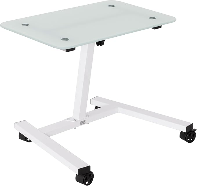 Seville Classics Airlift Mobile Height Adjustable Laptop Stand Computer Workstation for Sitting Ergonomic Desk Cart Table w/Wheels, Tempered Glass (24"), White