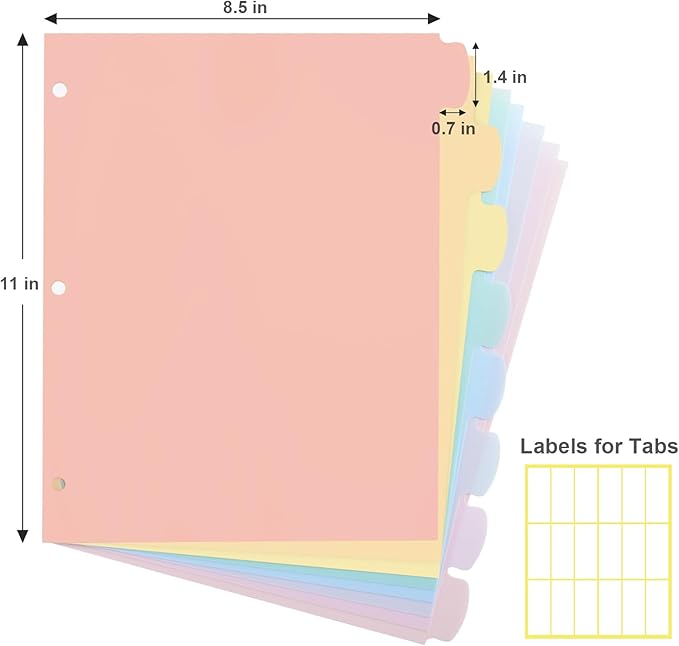 48 Count/6 Sets Write & Erase Binder Dividers with Tabs, Plastic 8 Tab Dividers for 3 Ring Binder Letter Size, Separators for Student School Home Office Document Organizer, Pastel