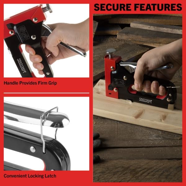 Heavy Duty Staple Gun for Wood Carpentry, DIY Crafts, or Furniture Upholstery Stapler with Staples - 3-Way Heavy Duty Stapler Gun with Carrying Case and 3 Types of Staples Included by Stalwart (Red)