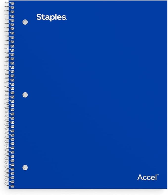 STAPLES Accel 1‑Subject Notebook, 8.5” x 11”, College Ruled, 100 Sheets, Blue