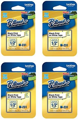 Brother Genuine M-231 1/2" Black on White Tape for P-Touch Labeler, 4 Pack