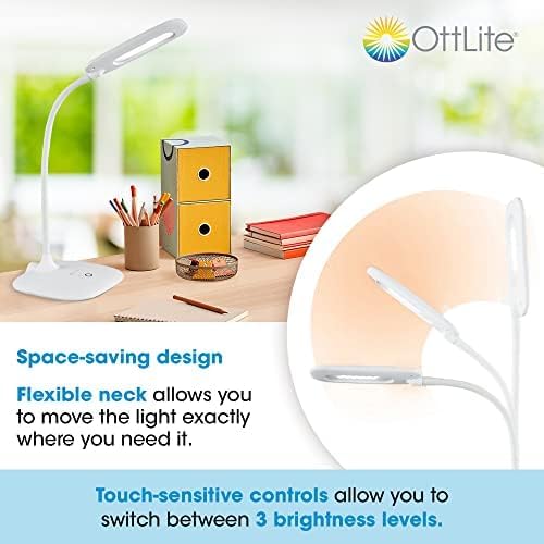OttLite ClearSun LED Soft Touch Desk Lamp - 3 Brightness Settings - Energy Efficient Natural Daylight LEDs - Adjustable Flexible Neck & Touch Controls for Home Office, Computer Desk, & Dorms
