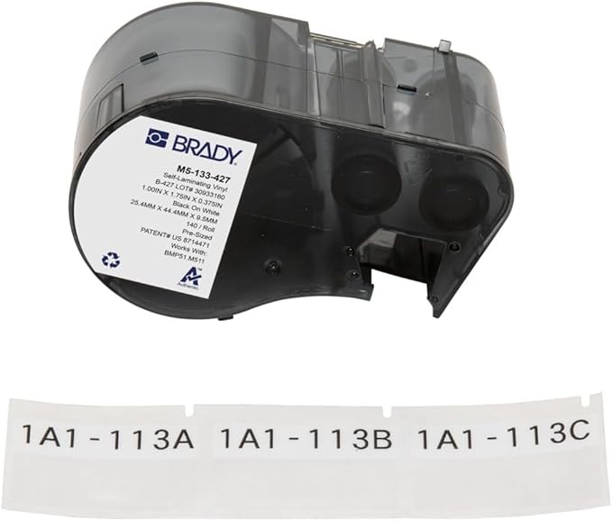 Brady Authentic (M5-133-427) Self-Laminating Vinyl Wrap Around Labels 1" H x 1.75" W Black on White, Clear, 140 Labels. for use with The BMP51 and M511 Label Printers