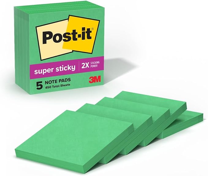 Post-it Super Sticky Notes, 5 Sticky Note Pads, 3 x 3 in., Ideal for Organization in Your Dorm, Home or Office, Single Color Packs Collection, Lucky Green