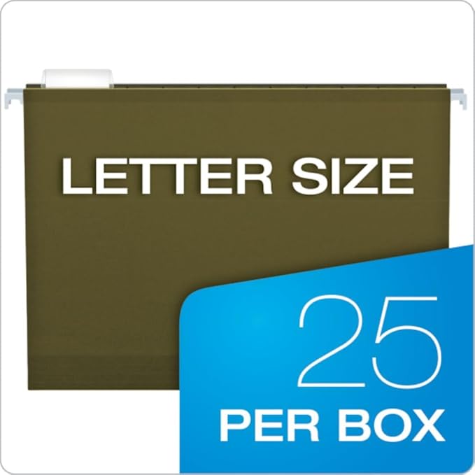 Pendaflex Hanging File Folders, 25 Pack, Green, 2" Expansion, Letter Size (8.5" x 11"), Reinforced, 5 Tab Positions, Durable Hanging Files for Office and Document Organization