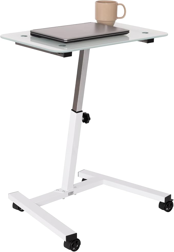 Seville Classics Airlift Mobile Height Adjustable Laptop Stand Computer Workstation for Sitting Ergonomic Desk Cart Table w/Wheels, Tempered Glass (24"), White