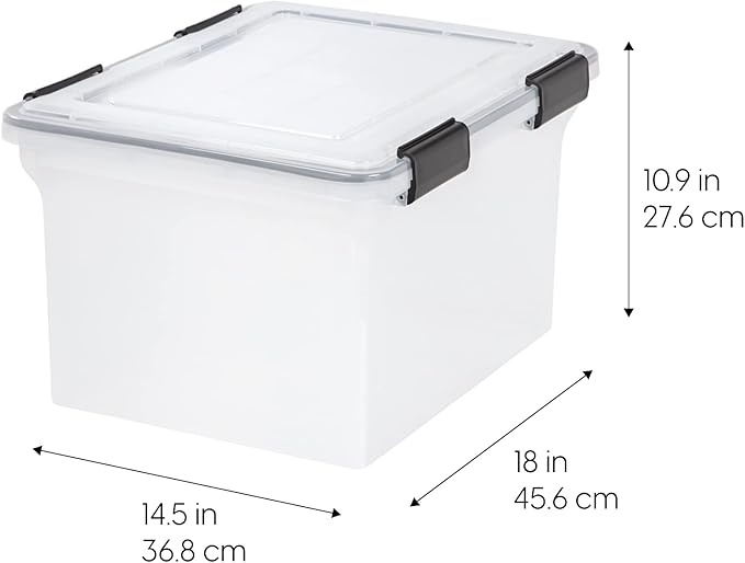 IRIS USA File Box WeatherPro File Organizer Plastic File Box for Letter/Legal File, Water Resistant Document Box, Durable Lid, Seal w/Secure Latching Buckles, Stackable, Nestable, Clear 32 Qt. 1 Pack