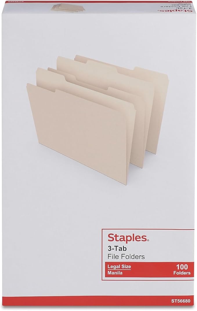 Staples File Folders, Legal Size, 1/3‑Cut Tabs, Manila, Durable Paper Stock, 200/Carton