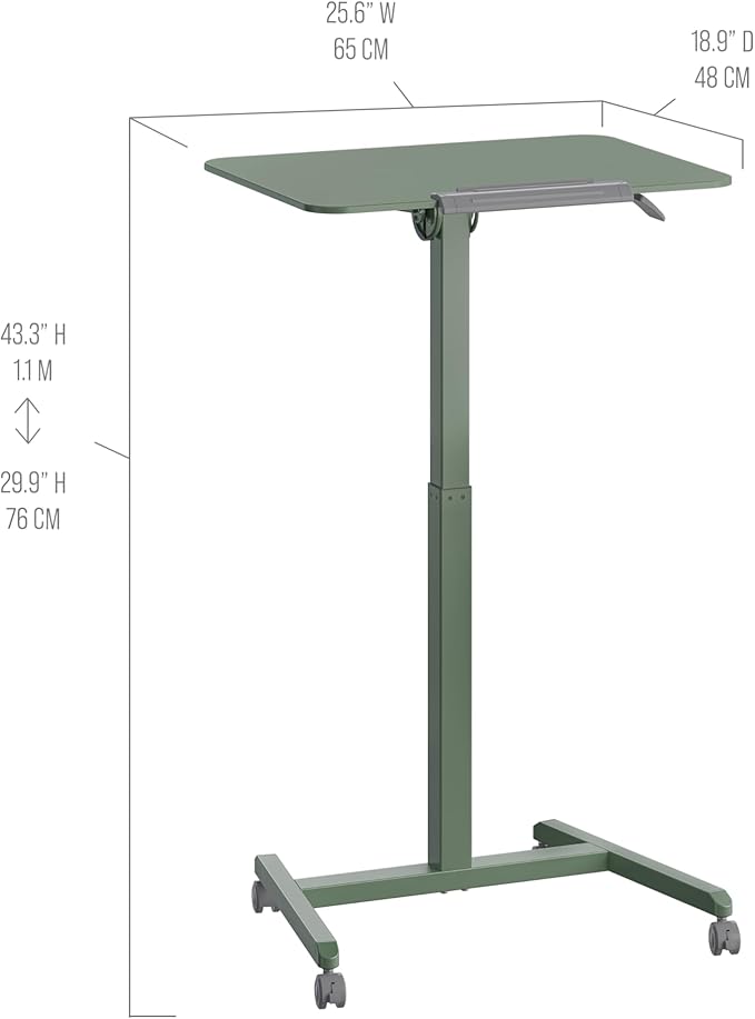 Seville Classics Airlift Height Adjustable Pneumatic Laptop Sit Stand Desk Mobile Rolling Cart, Computer Workstation for Home Office, Classroom, Sage Green, 25.6" Tilting Desktop