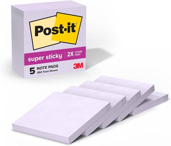 Post-it Super Sticky Notes, 5 Sticky Note Pads, 3 x 3 in., Ideal for Organization in Your Dorm, Home or Office, Single Color Packs Collection, Orchid Frost Lavender
