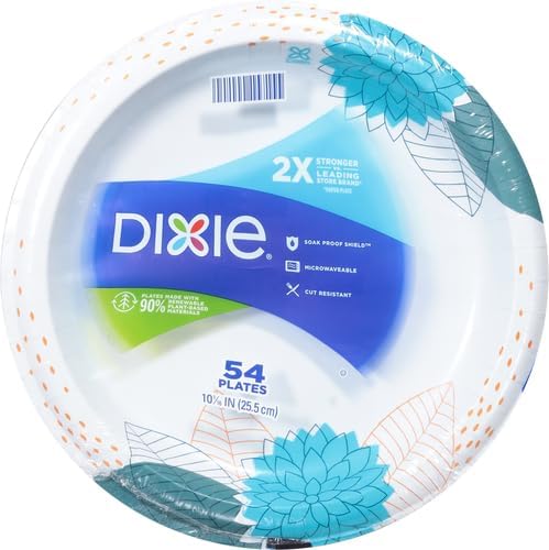 Dixie Large Paper Plates, 10 Inch, 2X Stronger*, Microwave-Safe, Soak-Proof, Cut Resistant, Disposable Plates for Everyday Breakfast, Lunch, & Dinner Meals, 54 Count (Pack of 2)
