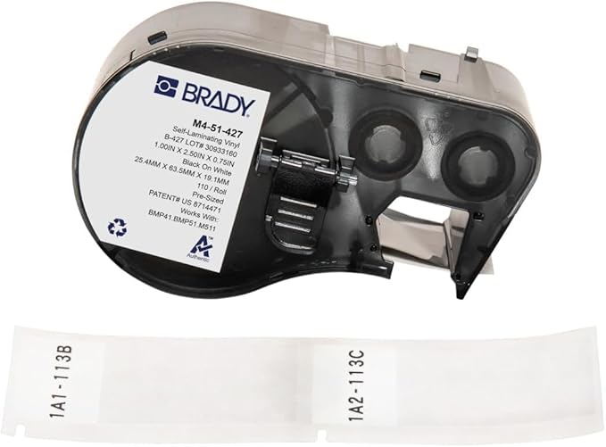 Brady Authentic (M4-51-427) Self-Laminating Vinyl Wrap Around Labels 2.5" H x 1" W Black on White, Clear, 110 Labels. for use with The BMP41, BMP51, and M511 Label Printers
