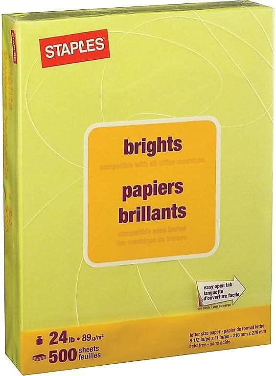 Staples Brights 24 lb. Colored Paper Light Yellow 500/Ream, For Office, School & Home