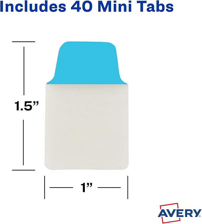 AVERY Mini Ultra Tabs, 1" x 1.5", 2-Side Writable, Assorted Primary Colors, 40 Repositionable Tabs (74760)