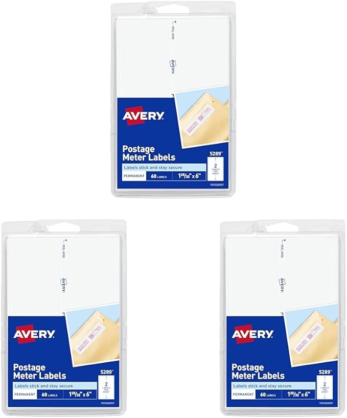 Avery Postage Meter Labels for Personal Post Office,1-25/32" x 6",White,60 Mail Meter Labels (05289),(Pack of 3)