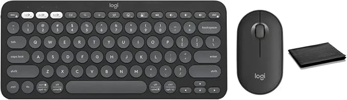 Logitech Pebble 2 Combo Wireless Keyboard and Mouse Bundle, Compact Slim Design, Bluetooth & Logi Bolt, Silent Scissor Keys, Multi-Device Pairing, Windows Mac iPad Chrome - Graphite, Includes Cloth