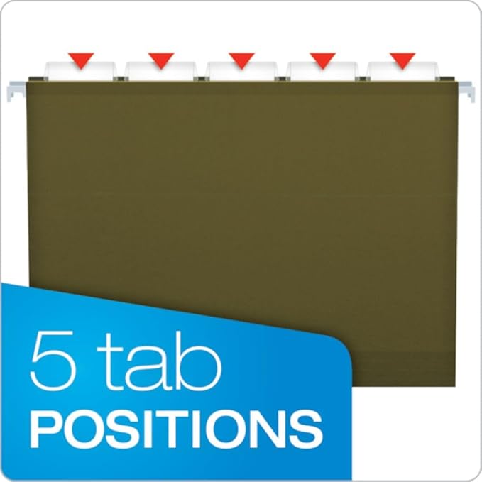 Pendaflex Hanging File Folders, 25 Pack, Green, 2" Expansion, Letter Size (8.5" x 11"), Reinforced, 5 Tab Positions, Durable Hanging Files for Office and Document Organization