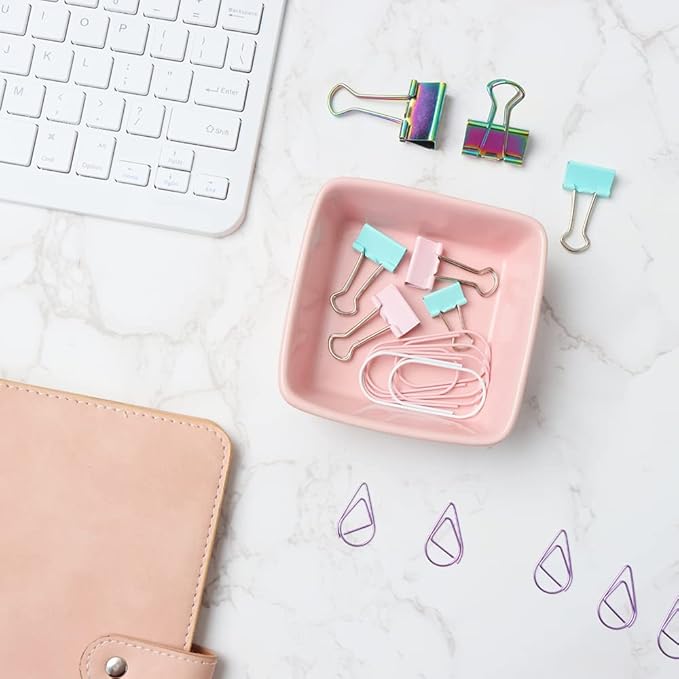 2pcs Ceramic Paper Clip Holder Set Round and Square Paper Clips Dispenser Kit Cute Pink Bowl and Plate for Desk Organizer Accessories and Home School Office Supplies (Pink)