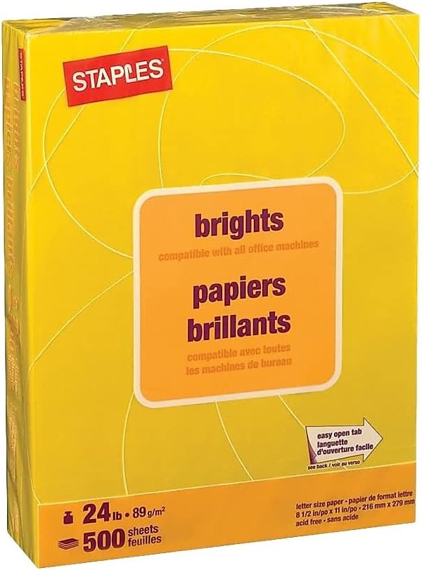 Staples Brights 24 Lb. Colored Paper Yellow 500/Ream, For Everyday Use at Home or Office