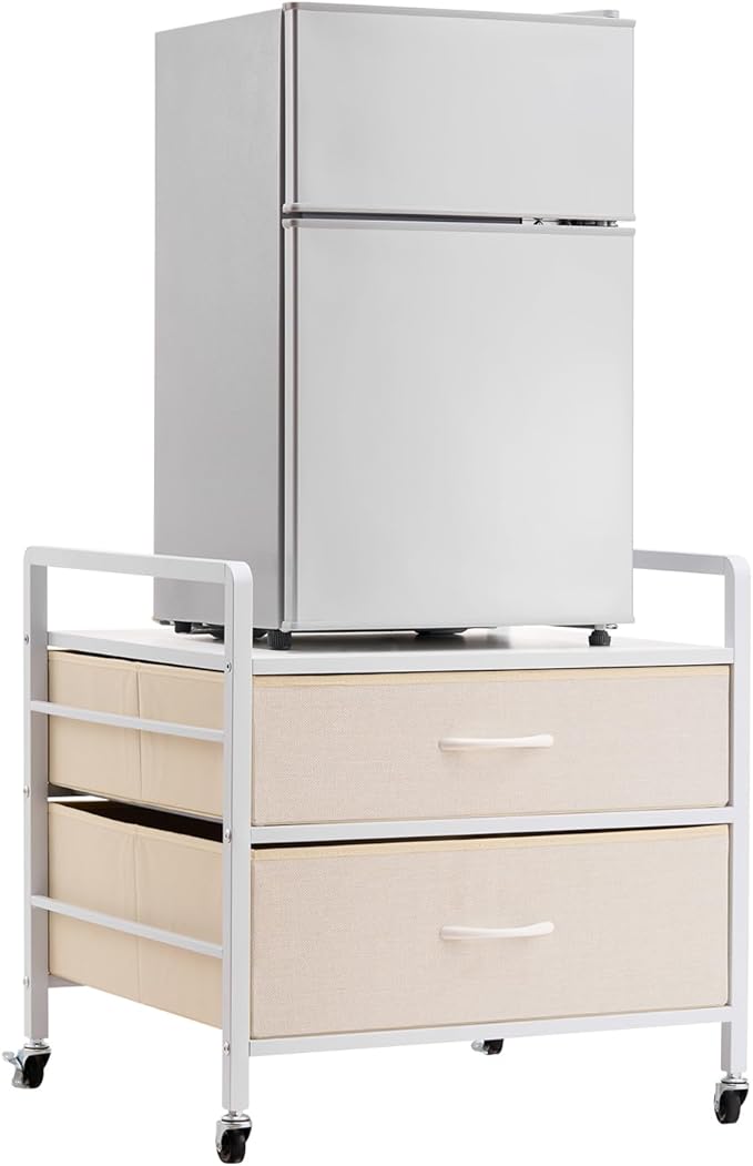 VEVOR Mini Fridge Stand with Storage, 176 lb-Capacity Mini Fridge Table with 2 Drawers & 4 Swivel Wheels, Mobile Mini Fridge Shelf, White Mini Fridge Organizer for Dorm, Apartment, Office, Bedroom
