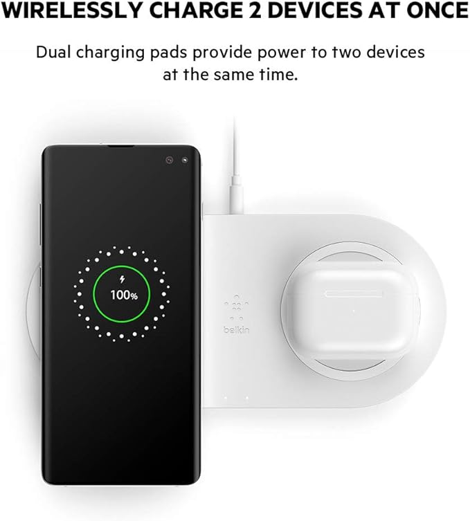 Belkin Quick Charge Dual Wireless Charging Pad - 10W Qi-Certified Charger Pad for iPhone, Samsung, Apple Airpods & More - Charge While Listening to Music, Streaming Videos, & Video Calls - White