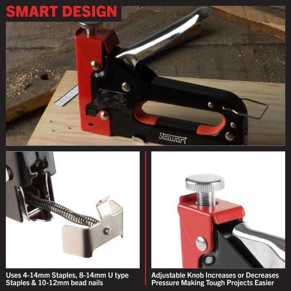 Heavy Duty Staple Gun for Wood Carpentry, DIY Crafts, or Furniture Upholstery Stapler with Staples - 3-Way Heavy Duty Stapler Gun with Carrying Case and 3 Types of Staples Included by Stalwart (Red)