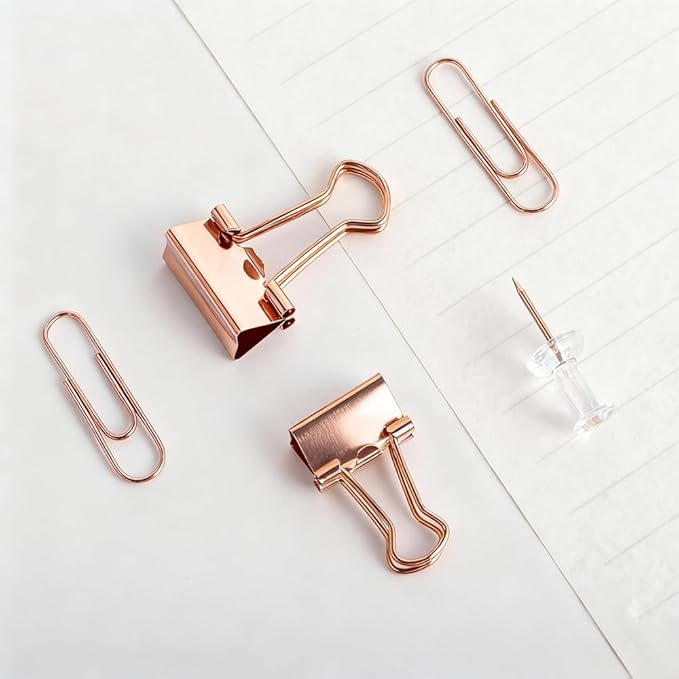Cute Office Supplies Rose Gold, Paper Clips, Binder Clips and Push Pins Set, Paper Organizer Clips with Storage Box