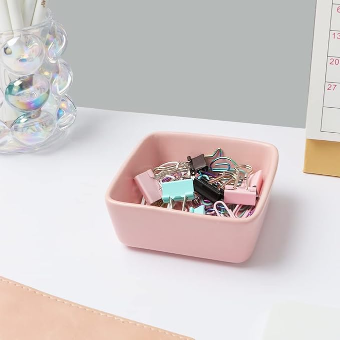 2pcs Ceramic Paper Clip Holder Set Round and Square Paper Clips Dispenser Kit Cute Pink Bowl and Plate for Desk Organizer Accessories and Home School Office Supplies (Pink)