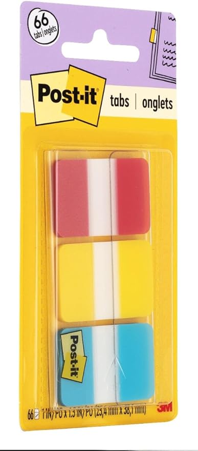 Post-it Tabs, 1 in, Solid, Red, Yellow, Blue, 22 Tabs/Color, 66 Tabs/On-The-Go Dispenser (686-RYB)